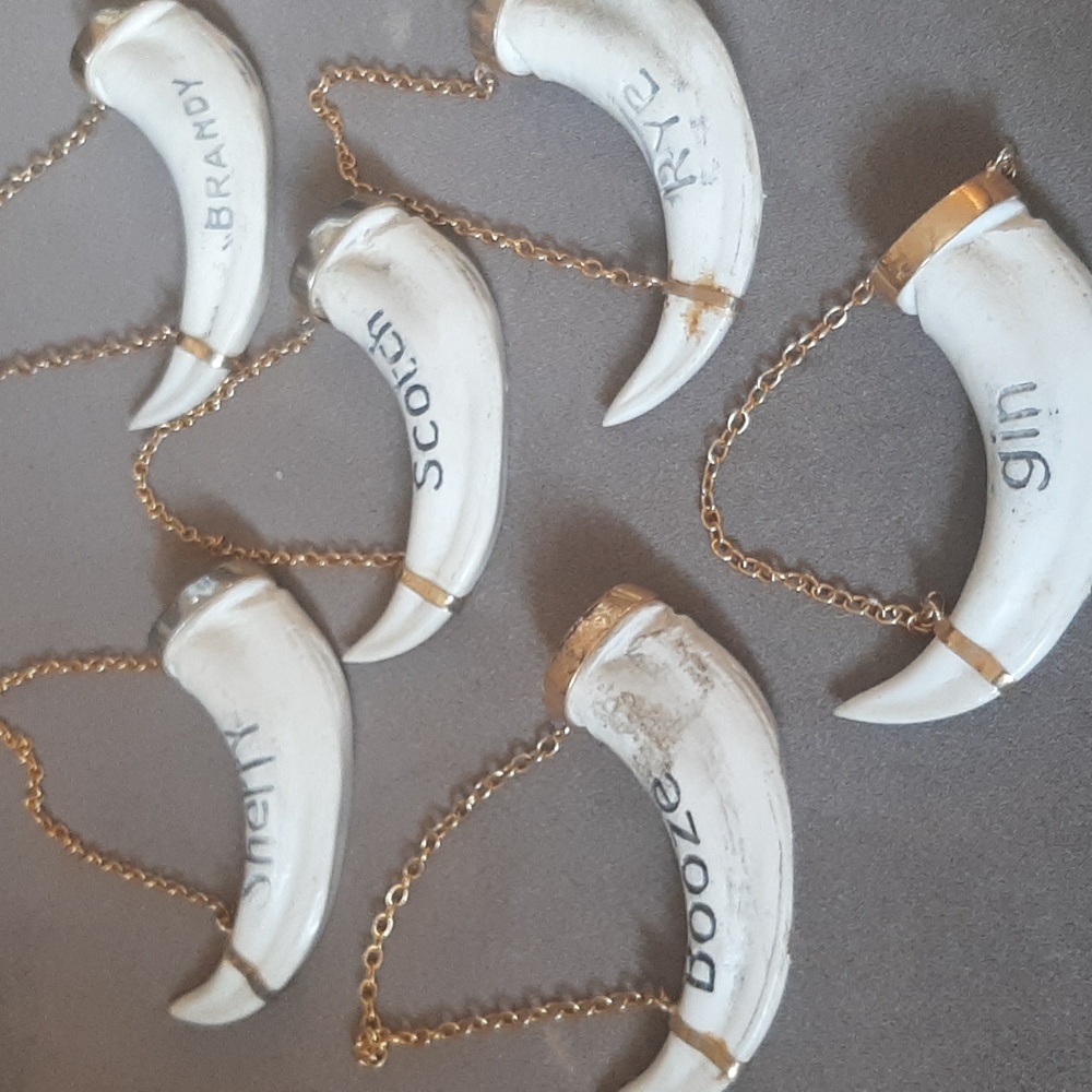 Vintage 6 boar tusk decanter labels